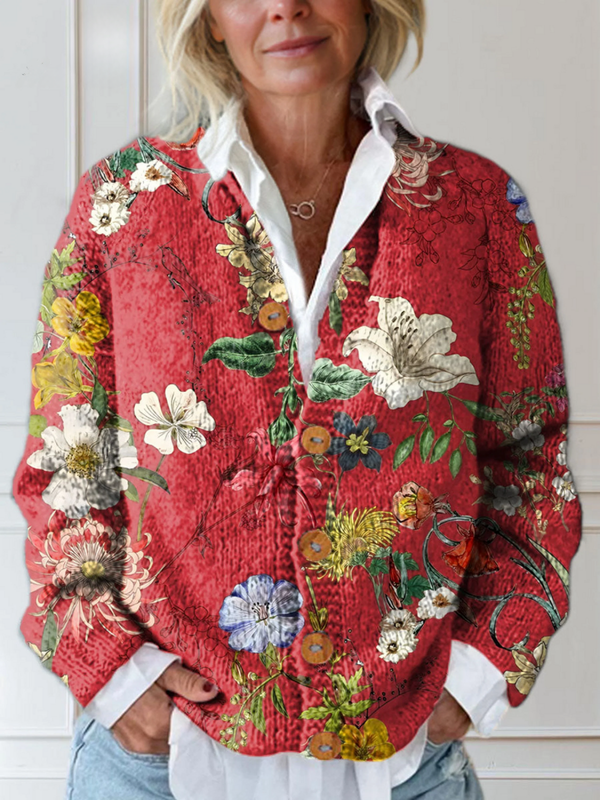 Vintage cardigan with artistic floral print and buttons