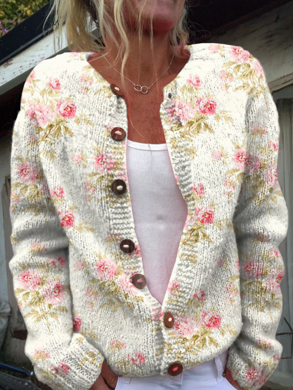 Cardigan with Floral and Leaf Print and Buttons