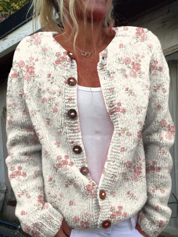 Cardigan with pink rose print and buttons