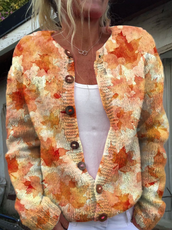 Autumn Cardigan with Artistic Maple Leaf Print and Buttons