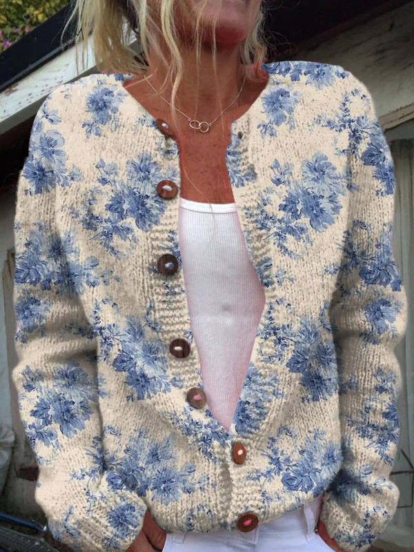 Cardigan with Floral Artistic Print and Buttons
