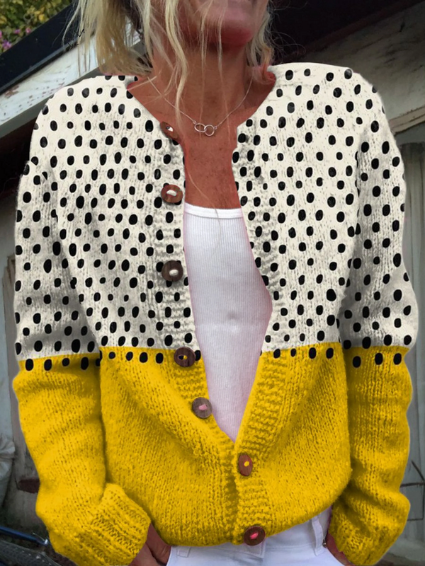 Yellow polka dot cardigan with print and buttons