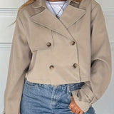 Elegant Khaki Cropped Pea Coat for Women with Notch Lapel Long Sleeve Double Breasted Casual Style