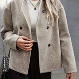 Elegant Apricot Wool Pea Coat for Women with Stand Collar Long Sleeve Double Breasted Oversized Style