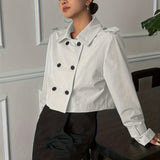 Elegant Khaki Pea Coat for Women with Notch Lapel Long Sleeve Double Breasted Cropped Style
