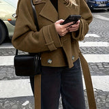 Elegant Coffee Brown Pea Coat for Women with Notch Lapel Long Sleeve Belted Oversized Style