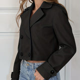 Elegant Brown Cropped Pea Coat for Women with Notched Lapel Long Sleeve Double Breasted Casual Style