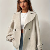 Elegant Beige High Pea Coat for Women with Notched Collar Long Sleeve Double Breasted Relaxed Style