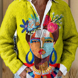 Cardigan with Artistic Portrait Print and Buttons
