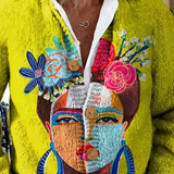 Cardigan with Artistic Portrait Print and Buttons
