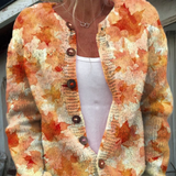 Autumn Cardigan with Artistic Maple Leaf Print and Buttons
