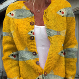 Vintage cardigan with artistic fish and sardine print and buttons