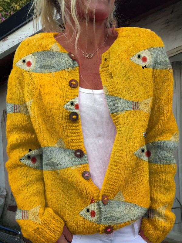 Vintage cardigan with artistic fish and sardine print and buttons
