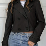 Elegant Brown Cropped Pea Coat for Women with Notched Lapel Long Sleeve Double Breasted Casual Style