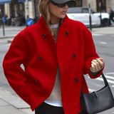 Effortless Wool Pea Coat for Women with Stand Collar Long Sleeve Double Breasted Oversized Casual Style
