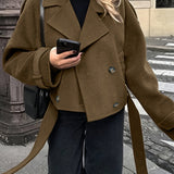 Elegant Coffee Brown Pea Coat for Women with Notch Lapel Long Sleeve Belted Oversized Style
