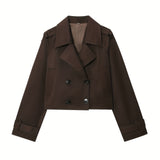 Elegant Coffee Brown Pea Coat for Women with Notched Lapel Long Sleeve Double Breasted Cropped Style