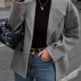 Elegant Dark Grey Wool High Pea Coat for Women with Notched Lapel Long Sleeve Double Breasted Oversized Style