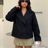 Elegant Black Pea Coat for Women with Notch Lapel Long Sleeve Double Breasted Cropped Style