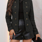 Elegant Black Tweed High Pea Coat for Women with Stand Collar Long Sleeve Double Breasted Tailored Style