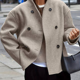 Elegant Apricot Wool Pea Coat for Women with Stand Collar Long Sleeve Double Breasted Oversized Style