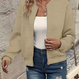 Effortless Quilted Bomber Jacket for Women with Crew Neck Long Sleeve Zip Front Cropped Casual Style