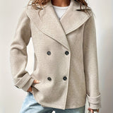 Elegant Beige Pea Coat for Women with Notched Lapel Long Sleeve Double Breasted Oversized Style