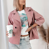Effortless Pink Pea Coat for Women with Notched Lapel Long Sleeve Double Breasted Cropped Casual Style