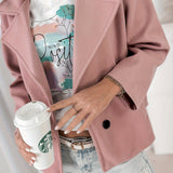 Effortless Pink Pea Coat for Women with Notched Lapel Long Sleeve Double Breasted Cropped Casual Style