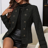 Elegant Black Tweed High Pea Coat for Women with Stand Collar Long Sleeve Double Breasted Tailored Style