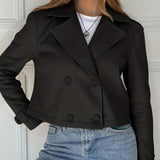 Elegant Brown Cropped Pea Coat for Women with Notched Lapel Long Sleeve Double Breasted Casual Style