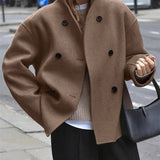 Elegant Camel Wool Pea Coat for Women with Stand Collar Long Sleeve Double Breasted Oversized Style