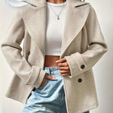 Elegant Beige High Pea Coat for Women with Notched Collar Long Sleeve Double Breasted Relaxed Style