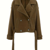Elegant Coffee Brown Pea Coat for Women with Notch Lapel Long Sleeve Belted Oversized Style
