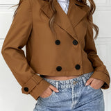 Elegant Brown Cropped Pea Coat for Women with Notched Lapel Long Sleeve Double Breasted Casual Style
