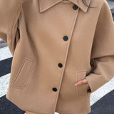 Elegant Khaki Wool Pea Coat for Women with Notched Collar Batwing Sleeve Oversized Button Front Style