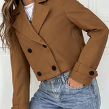Elegant Brown Cropped Pea Coat for Women with Notched Lapel Long Sleeve Double Breasted Casual Style