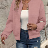Effortless Quilted Bomber Jacket for Women with Crew Neck Long Sleeve Zip Front Cropped Casual Style