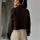 Elegant Coffee Brown Pea Coat for Women with Notched Lapel Long Sleeve Double Breasted Cropped Style