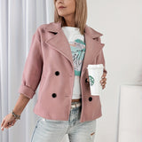 Effortless Pink Pea Coat for Women with Notched Lapel Long Sleeve Double Breasted Cropped Casual Style