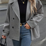 Elegant Dark Grey Wool High Pea Coat for Women with Notched Lapel Long Sleeve Double Breasted Oversized Style