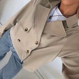 Elegant Khaki Cropped Pea Coat for Women with Notch Lapel Long Sleeve Double Breasted Casual Style