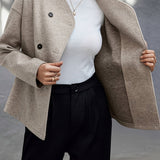 Elegant Apricot Wool Pea Coat for Women with Stand Collar Long Sleeve Double Breasted Oversized Style
