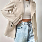 Elegant Beige High Pea Coat for Women with Notched Collar Long Sleeve Double Breasted Relaxed Style