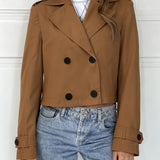 Elegant Brown Cropped Pea Coat for Women with Notched Lapel Long Sleeve Double Breasted Casual Style
