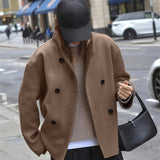 Elegant Camel Wool Pea Coat for Women with Stand Collar Long Sleeve Double Breasted Oversized Style