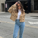 Elegant Coffee Brown Pea Coat for Women with Notched Lapel Long Sleeve Double Breasted Cropped Style