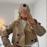 Elegant Coffee Brown Pea Coat for Women with Notched Lapel Long Sleeve Double Breasted Cropped Style