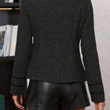 Elegant Black Tweed High Pea Coat for Women with Stand Collar Long Sleeve Double Breasted Tailored Style