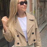 Elegant Coffee Brown Pea Coat for Women with Notched Lapel Long Sleeve Double Breasted Cropped Style